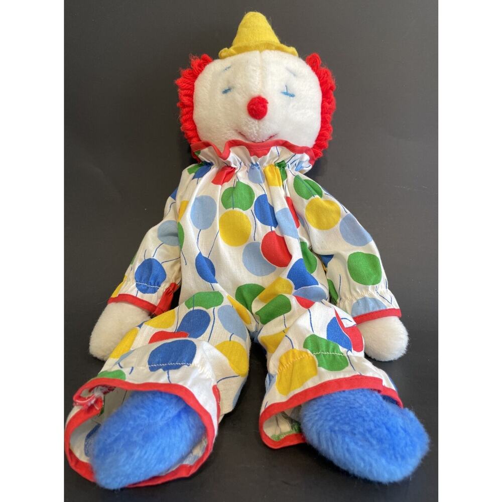 Vintage Eden Toys Clown Plush w/ Hat & Balloon Suit Polka Dots Rainbow Large 19"